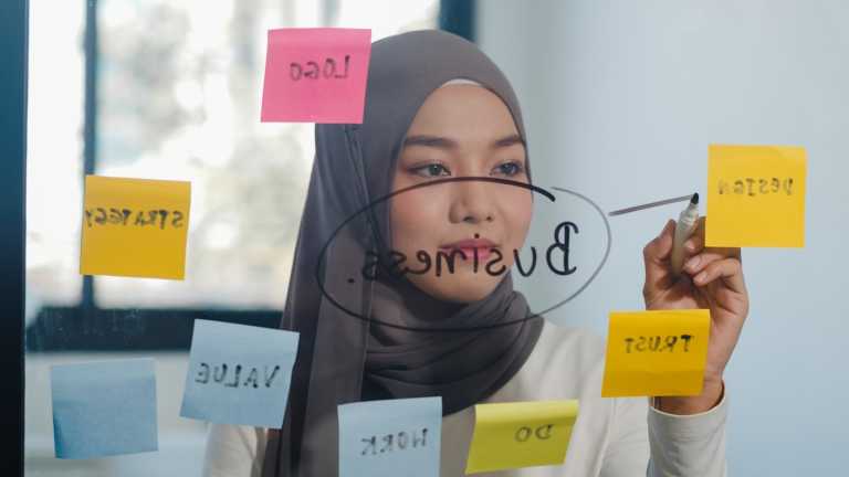 a business woman writes a business strategies mindmap