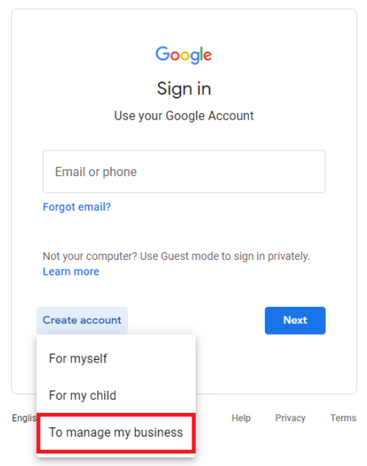 Create a Google account for your business