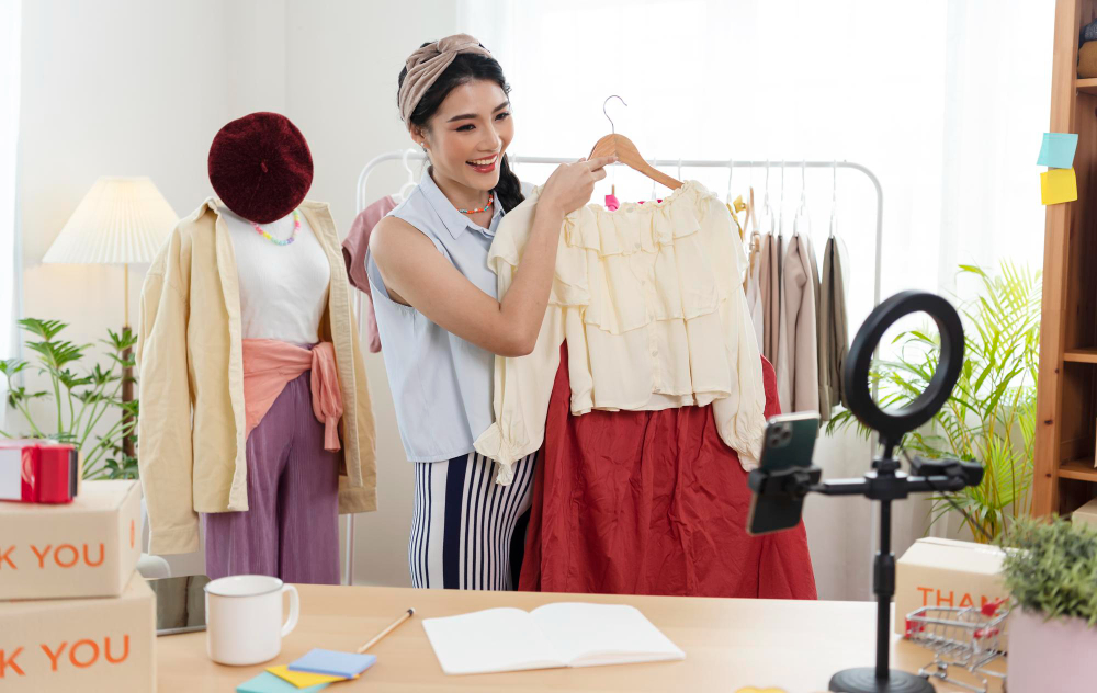 A woman selling clothes online