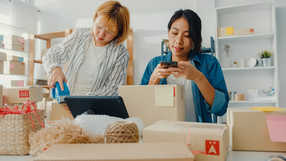 Business owners packaging items