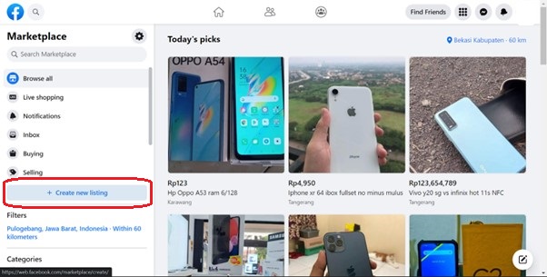 Facebook marketplace page to create a new product list