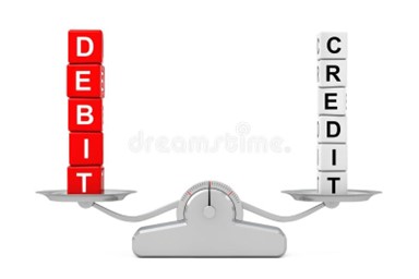 ilustrasi perbedaan debit dan kredit pada sebuah timbangan