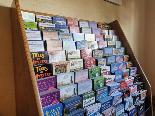The full rack of brochures as the examples of print ads advertising