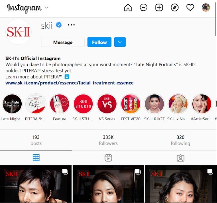 SKII Instagram profile