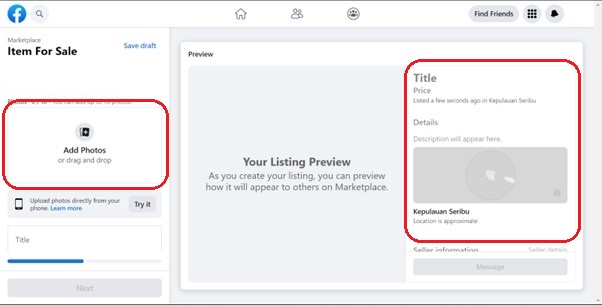 Facebook marketplace page for adding new product photos