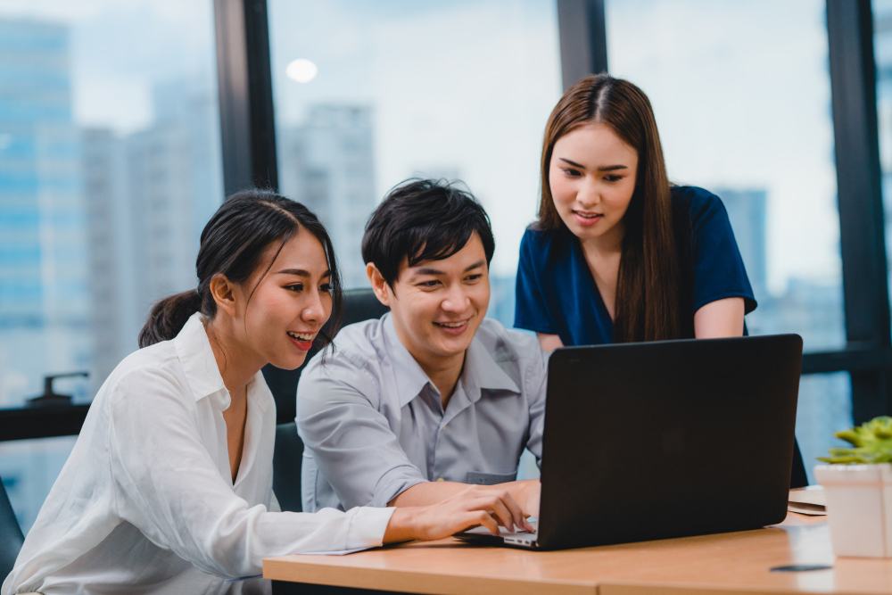 Colleagues using the company laptop