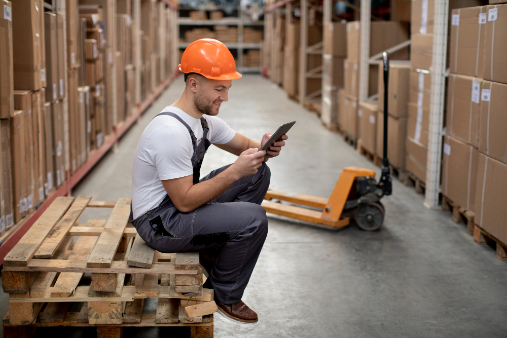 A warehouse worker using a tablet