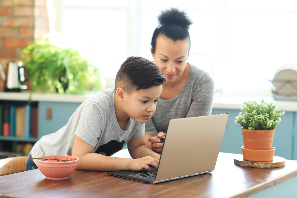 Mother and son using a laptop