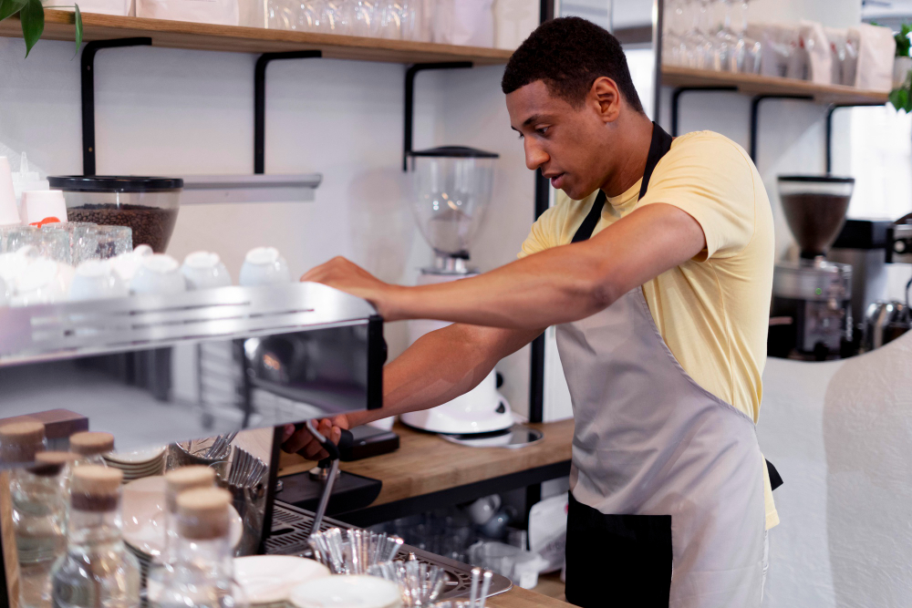 A bakery worker making coffee