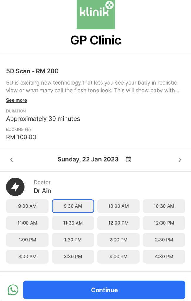 Online booking feature of Clinic Appointment System. Easily select services or treatment, choose preferred doctors and available date and time.